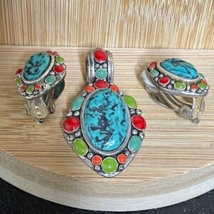 MX Turquoise and Red Stone Pendant Earrings Jewelry Set Native American​
